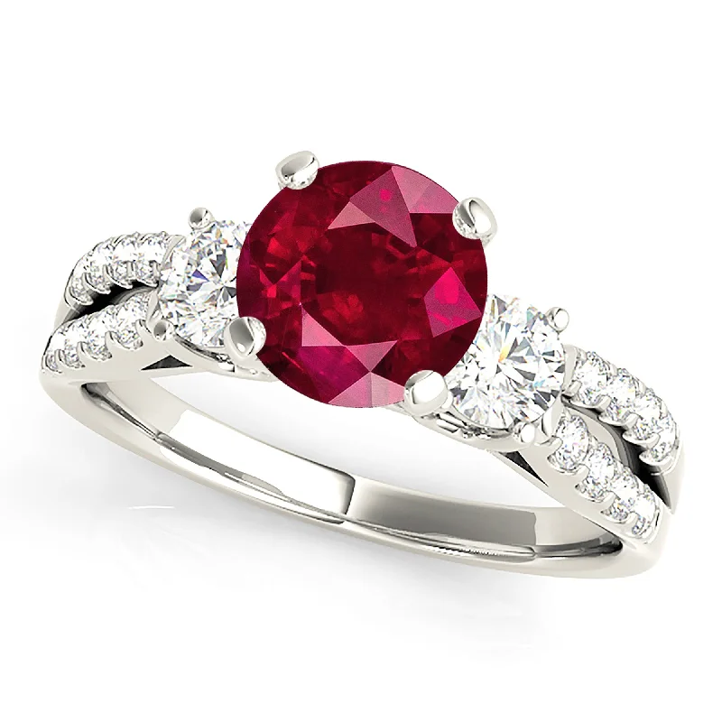 Classic Diamond Wedding Band-2.35 ct. Genuine Ruby Ring With Side Diamonds And Split Diamond Band