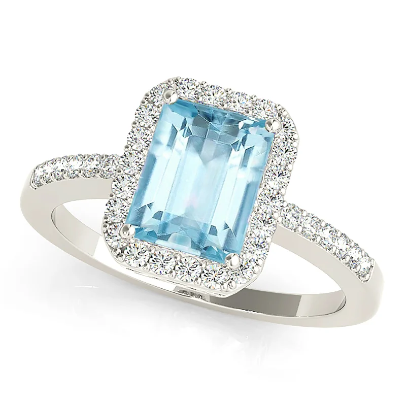 Luxury Ruby Ring-2.10 ct. Genuine Emerald Cut Aquamarine Ring With Halo