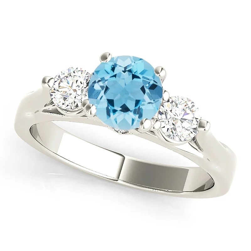 Silver Engagement Ring for Women-1.10 ct. Genuine Aquamarine with 0.40 ctw. Side Diamonds