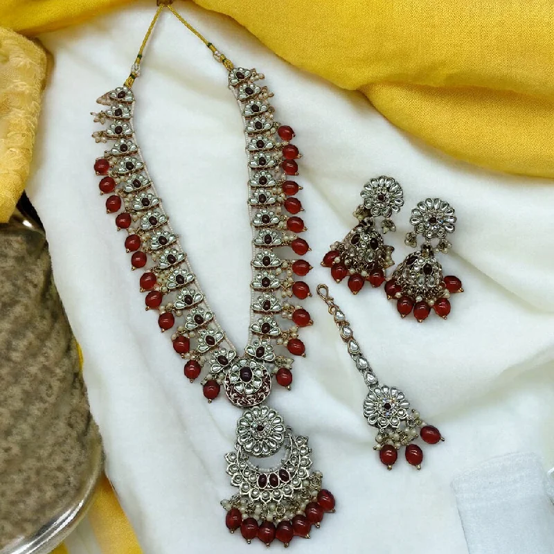 Handcrafted Bead Necklace-Gehana Mahal Gold Plated Kundan Stone And Meenakari Long Necklace Set