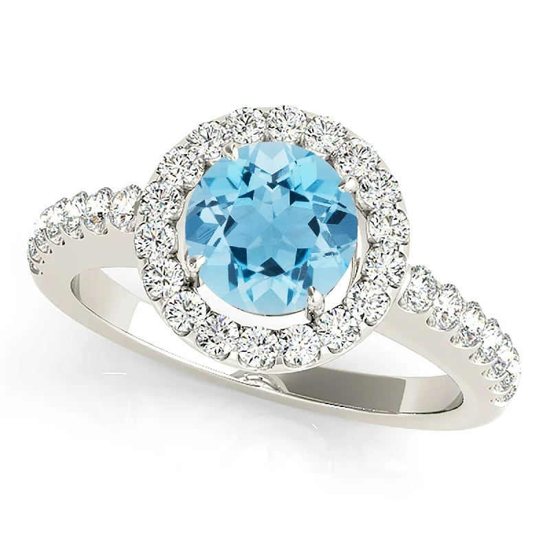 Simple Diamond Ring-1.10 ct. Genuine Aquamarine Ring With Halo, Delicate Thin Diamond Band