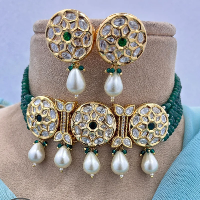 Elegant Gold Necklace-Jewel Addiction Gold Plated Polki Kundan Stone And Pearls Choker Necklace Set