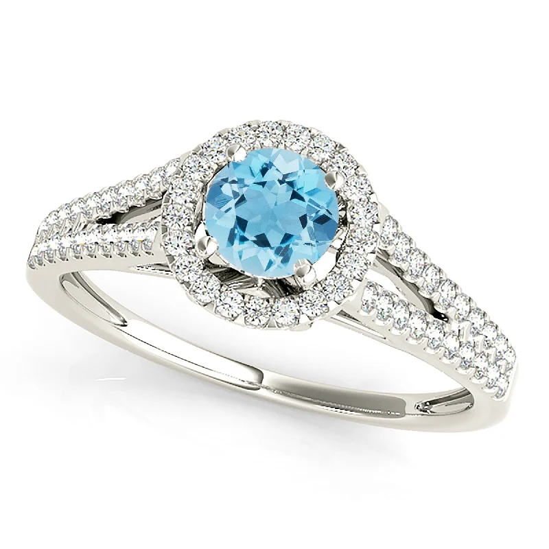 Vintage Diamond Ring-1.00 ct. Genuine Aquamarine Ring With Halo And V Shape Split Diamond band