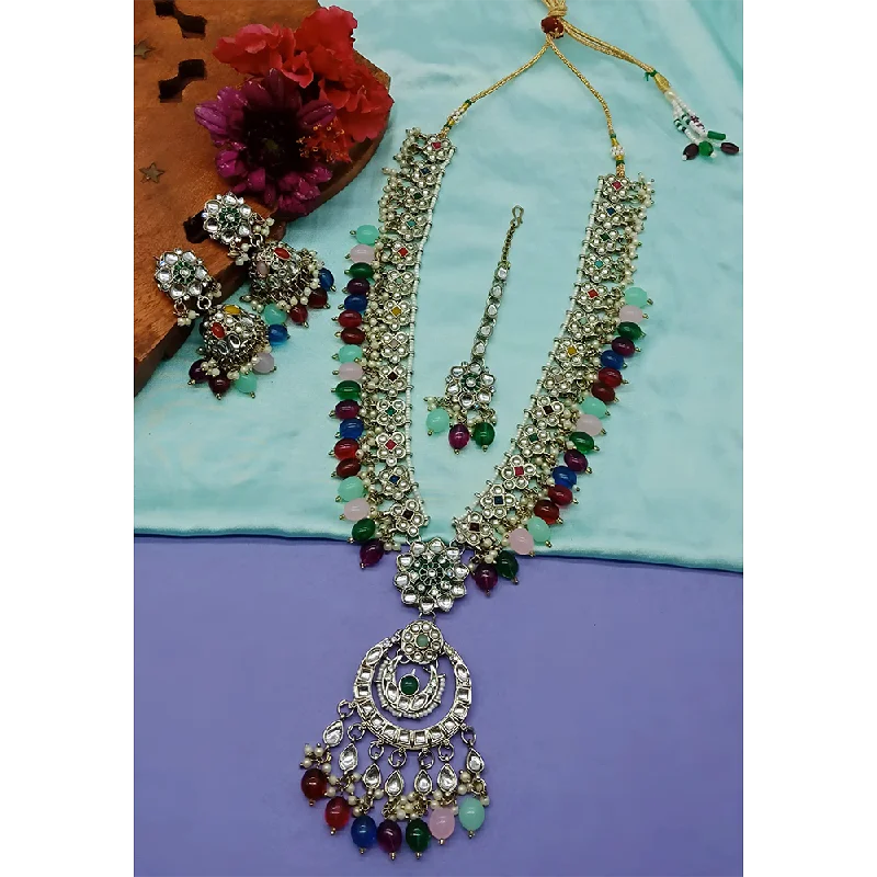 Birthstone Pendant Necklace-Gehana Mahal Kundan Stone And Meenakari Pearls Long Necklace Set