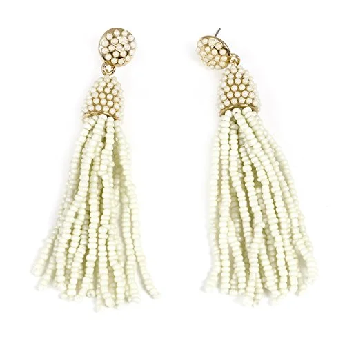 Pearl Hoop Earrings-Sexy Sparkles Women's White Beaded tassel earrings Long Fringe Drop Earrings Dangle