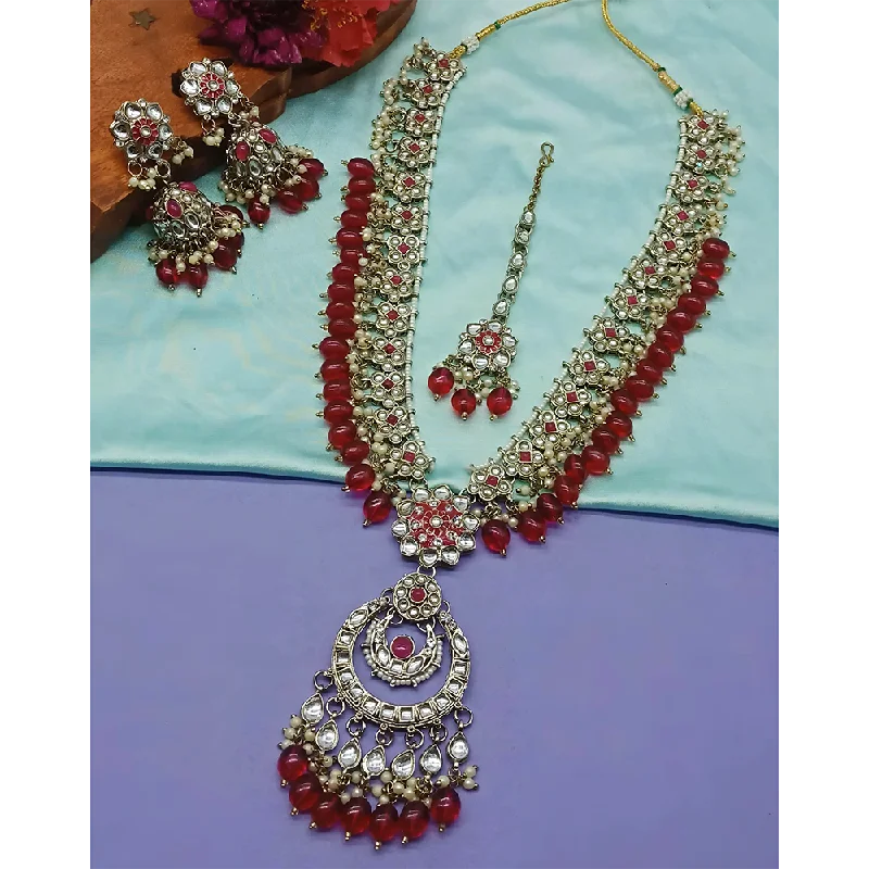 Silver Pendant Necklace-Gehana Mahal Kundan Stone And Meenakari Pearls Long Necklace Set