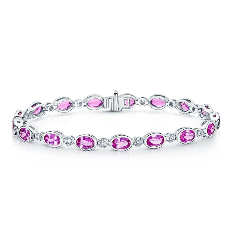 Adjustable Gemstone Bracelet-18ct White Gold Oval Pink Sapphire & Diamond Rubover Set Tennis Bracelet