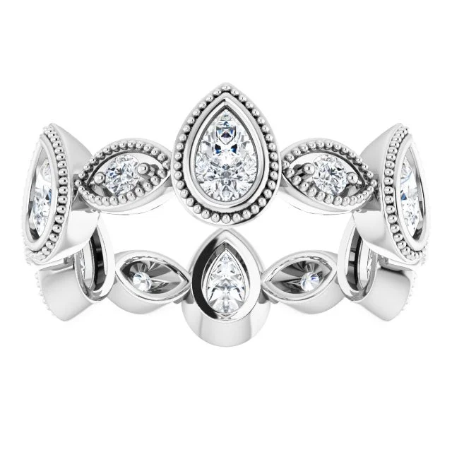 Solitaire Engagement Ring-1.46 ct. Pear and Round Diamond Eternity Band Milgrain Accent Wedding Ring