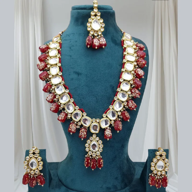 Elegant Gold Leaf Necklace-JCM Gold Plated Kundan Stone And Beads Necklace Set