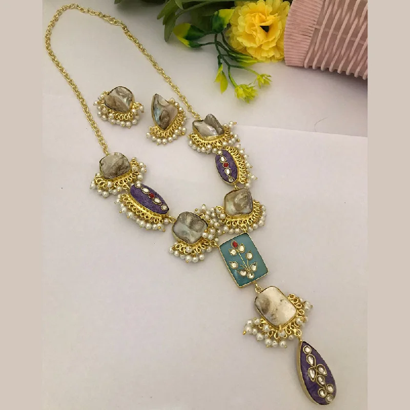 Layered Gemstone Necklace-FS Collection Gold Plated Mother Of Pearls Necklace Set