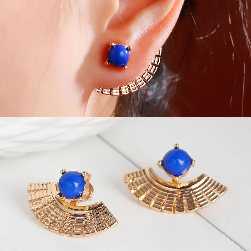 Trendy Ear Jackets-Sexy Sparkles Ear Jacket Stud Earrings 1 Pair Square Fan-shaped Gold Plated Back Ear Cuffs Stud Earring