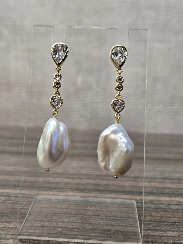 Pretty Pearl Earrings-Gold Vermeil Pear Shape Cubic Zirconia Flat Pearl Drop Earrings