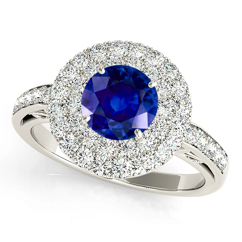 Modern Silver Ring-1.35 ct. Genuine Blue Sapphire 3D Pave Set Halo Ring