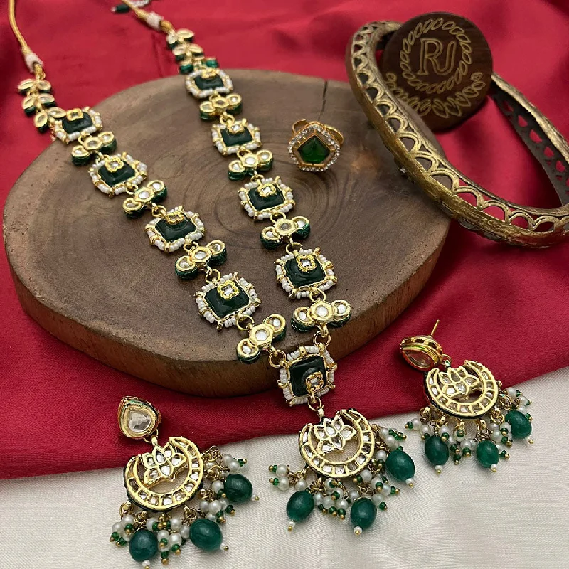 Vintage Crystal Necklace-FS Collection Gold Plated Kundan Stone And Pearls Necklace Set