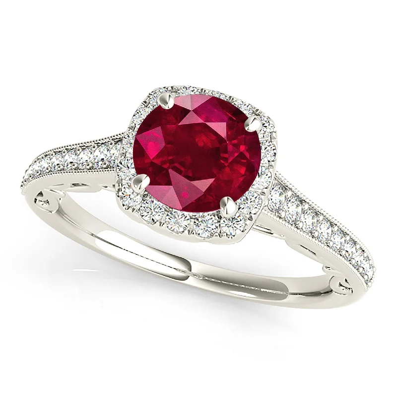 Solitaire Gemstone Ring-1.80 ct. Genuine Ruby Ring With Cushion Halo And Milgrain Diamond Band