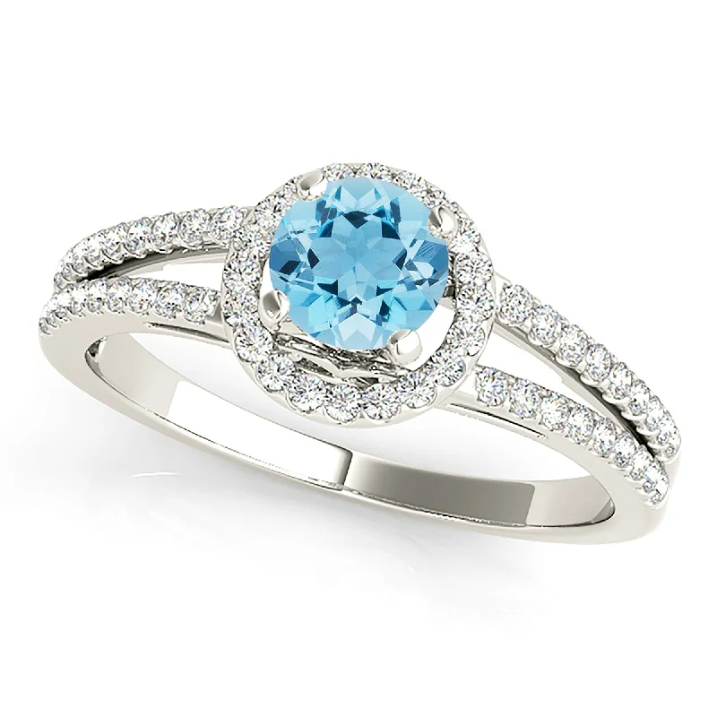 Heart Shaped Ring-1.00 ct. Genuine Aquamarine Ring With Halo and Delicate Split Diamond Shank