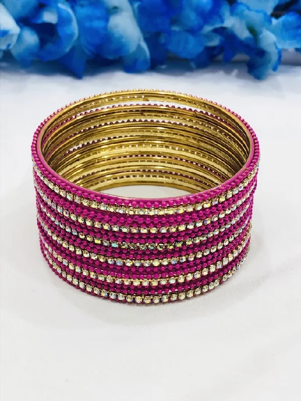 Gold and Diamond Bangles Set-Alluring Pink Color Stone Work Metal Bangles For Women