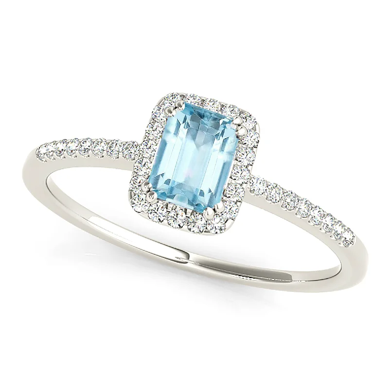 Customizable Birthstone Ring-0.65 ct. Genuine Emerald Cut Aquamarine Ring With Halo