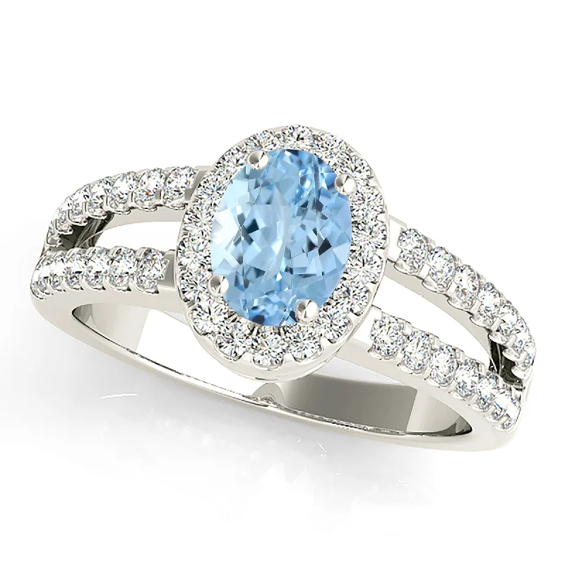 Gemstone Cocktail Ring-2.00 ct. Genuine Oval Aquamarine Ring With Halo And Split Diamond Band