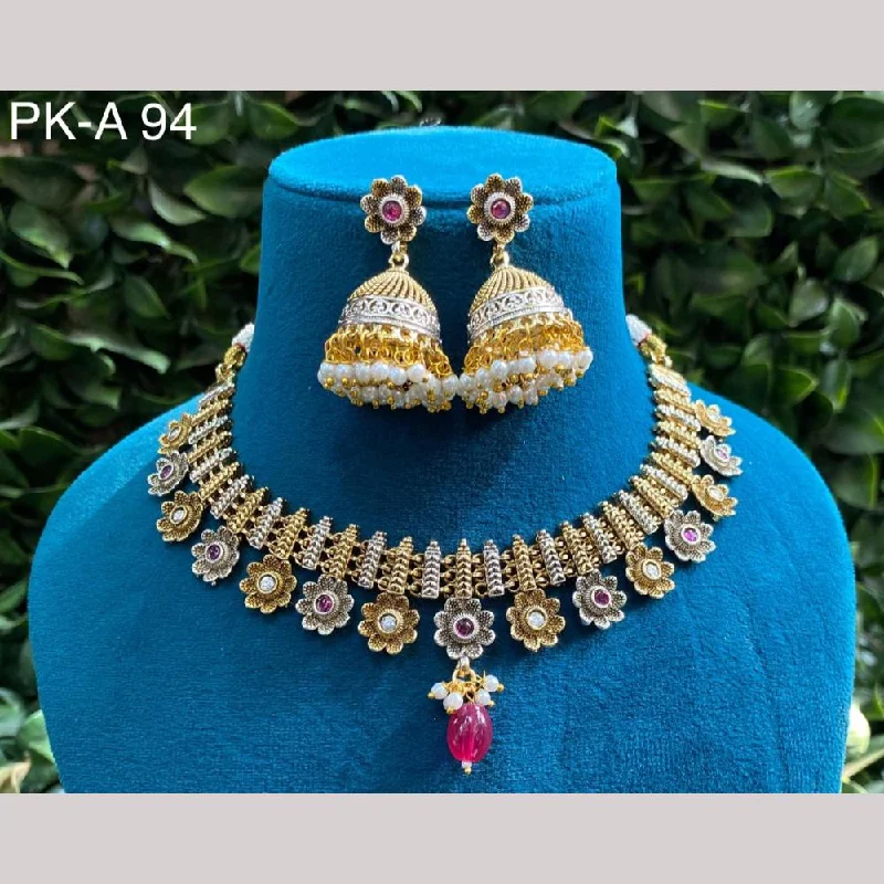 Vintage Gold Necklace-Amoliya Jewels 2 Tone Plated Pota Stone And Pearls Choker Necklace Set