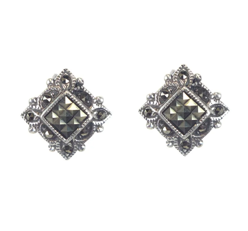 Chunky Hoop Earrings-Sterling Silver Square Marcasite Earrings