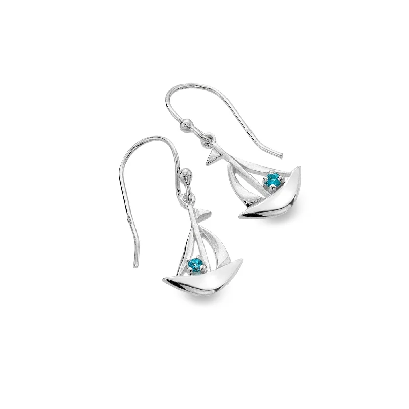 Bridal Wedding Earrings-Sea Gems Silver Blue Topaz Sail Boat Earrings