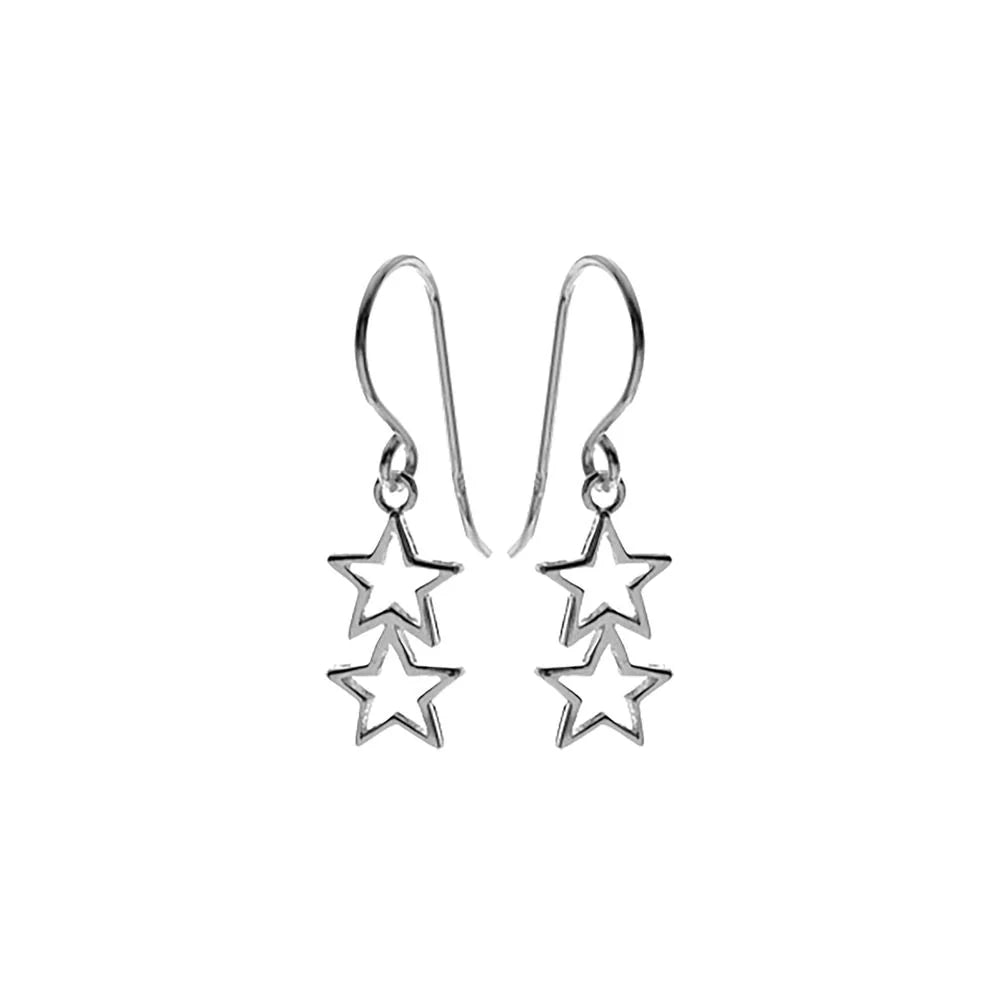 Bohemian Style Earrings-Sterling Silver Double Star Outline Drop Earrings