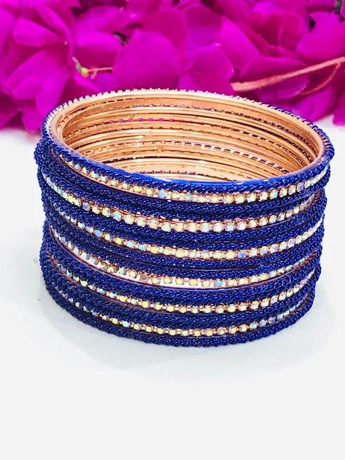 Traditional Gold Bangle Set-Appealing White Stoned Blue Colored Metal Bangles For Women