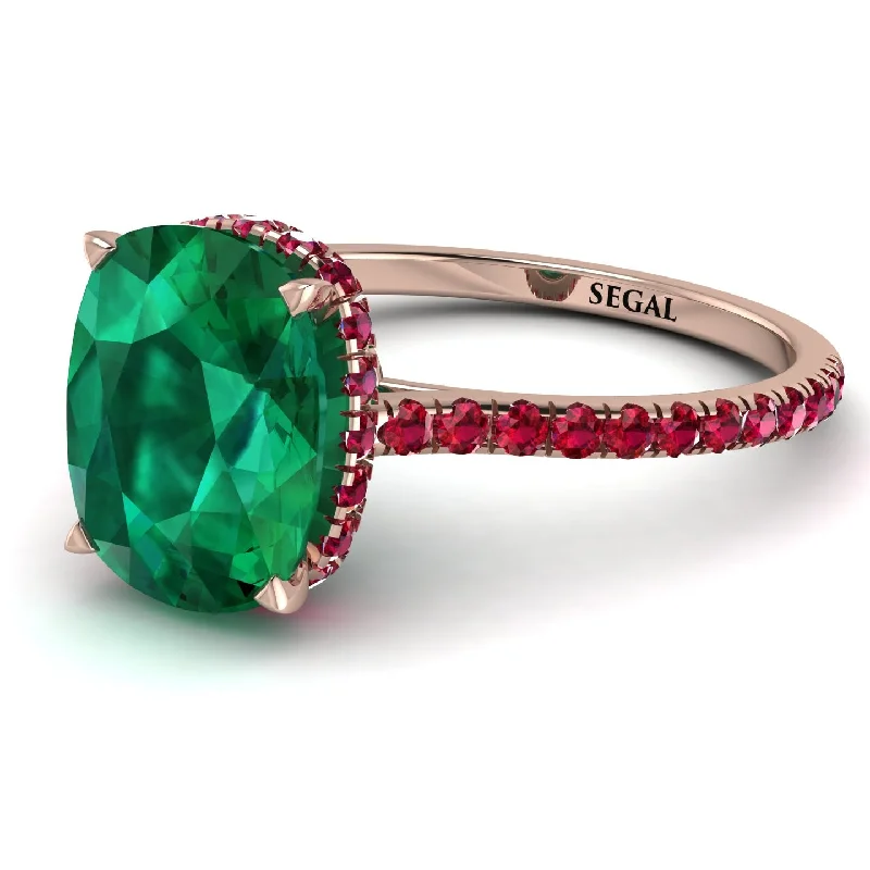 Rose Gold Stackable Ring-Hidden Halo Cushion Emerald Ring - Alayna No. 50