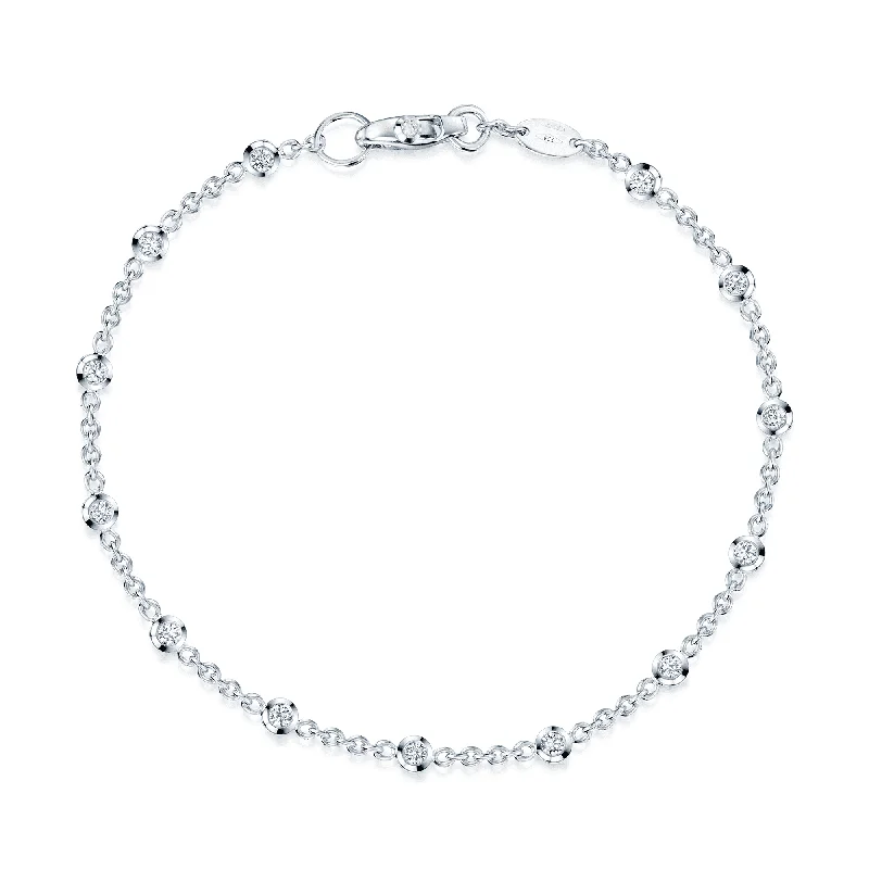 Double Cuff Bracelets-18ct White Gold Rub Over Set Round Brilliant Cut Diamond Fine Chain Bracelet