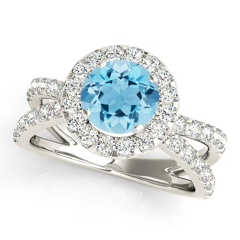 Silver Stackable Rings-1.75 ct. Genuine Aquamarine Ring With Halo And Criss-Cross Split Band