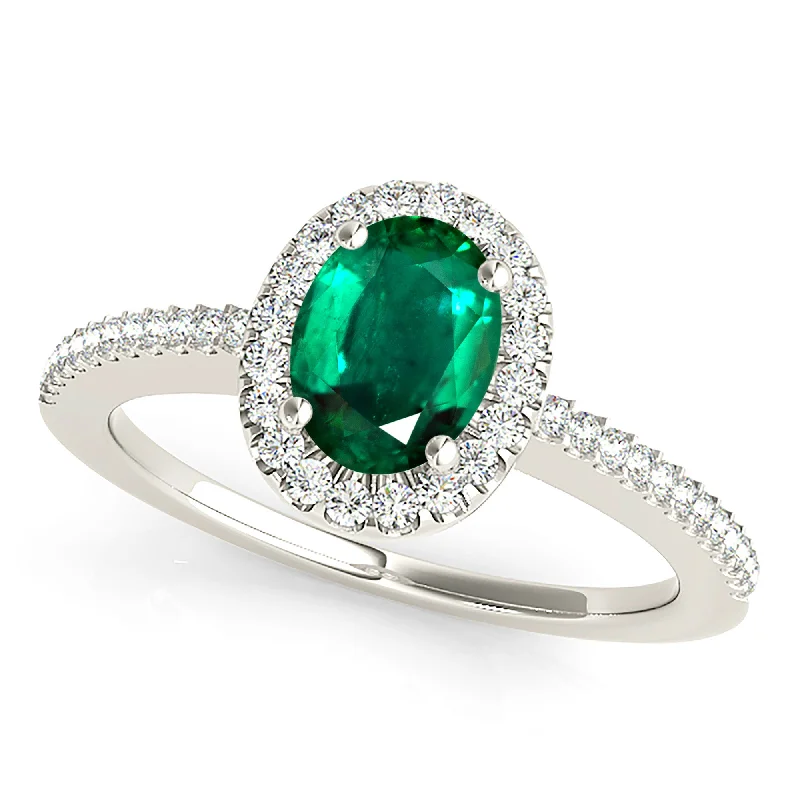 Personalized Gold Ring-1.00 ct. Genuine Oval Emerald Ring With Halo and Diamond Thin Shank