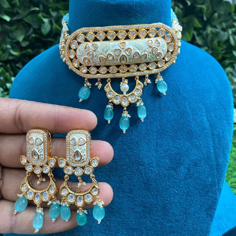 Bold Statement Necklace-Amoliya Jewels Gold Plated Polki Kundan Stone And Beads Meenakari Choker Necklace Set