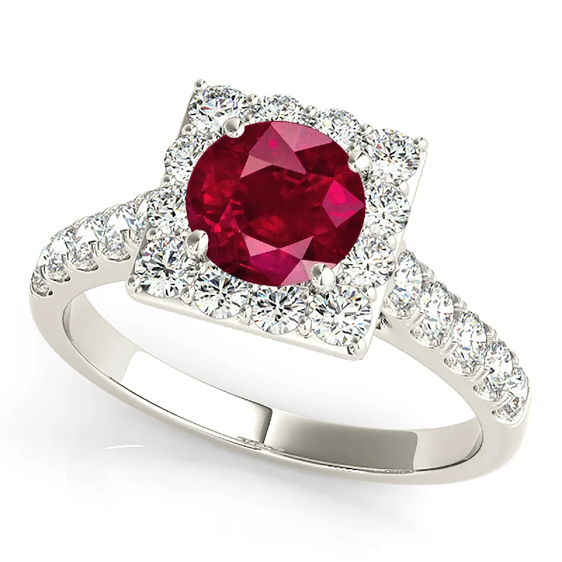 Designer Wedding Ring-1.35 ct. Genuine Ruby Ring With Square Halo And Simple Diamond Band