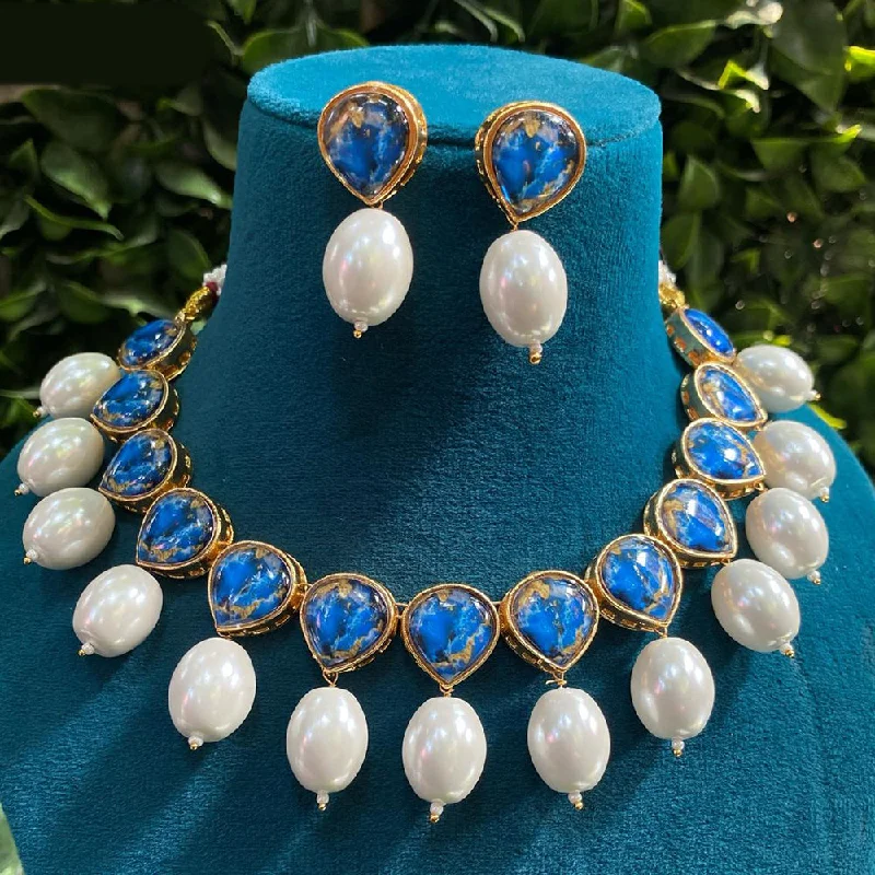 Layered Gemstone Necklace-Royal Kundan Jewellery Gold Plated Druzy Stone And Pearls Necklace Set