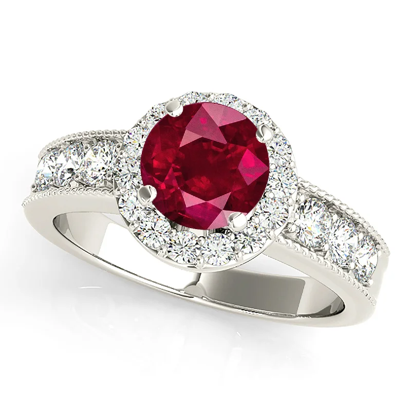 Elegant Sapphire Ring-1.35 ct. Genuine Ruby Ring With Halo And Milgrain Diamond Band