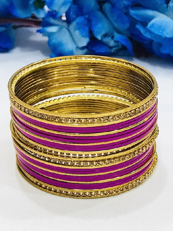 Bridal Jewelry Bangles-Amazing Pink Color Smooth Finishing Stone Design Metal Bangles For Women