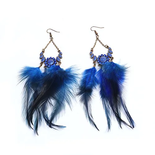 Customizable Hoop Earrings-SEXY SPARKLES Dangling Genuine Natural long Hand Made Feathers Earrings for Women and Teen