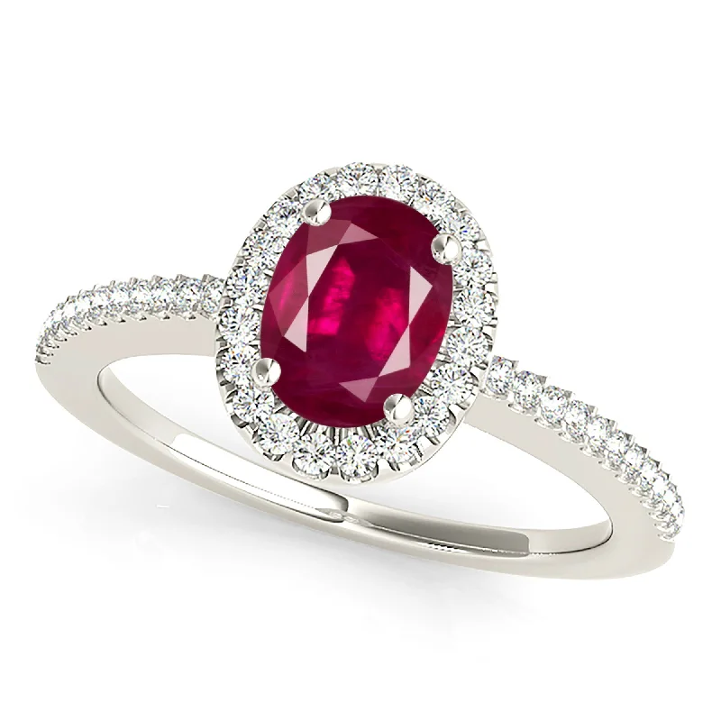 Handcrafted Silver Ring-1.00 ct. Genuine Oval Ruby Ring With Halo And Delicate Diamond Band