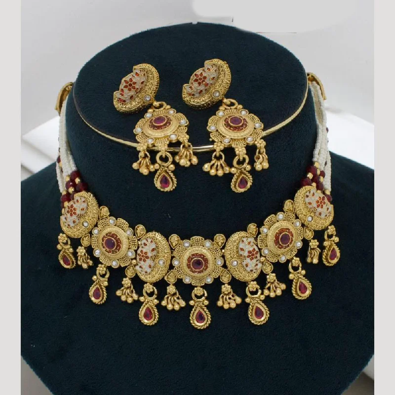 Luxury Sapphire Necklace-Manisha Jewellery Gold Plated Pota Stone And Beads Meenakari Necklace Set