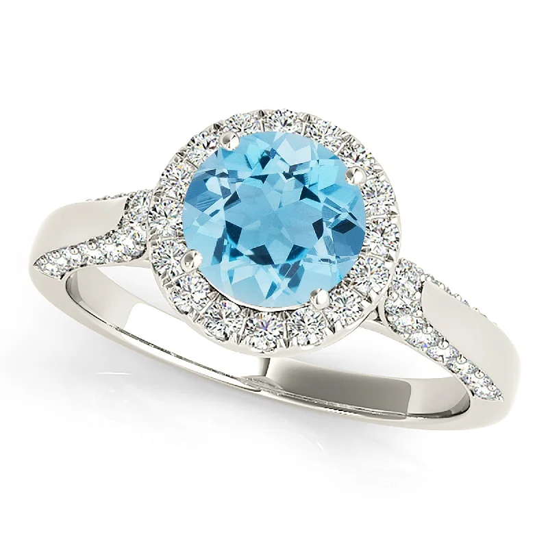 Gemstone Promise Ring-1.75 ct. Genuine Aquamarine Ring With Halo And Side Accent Diamonds