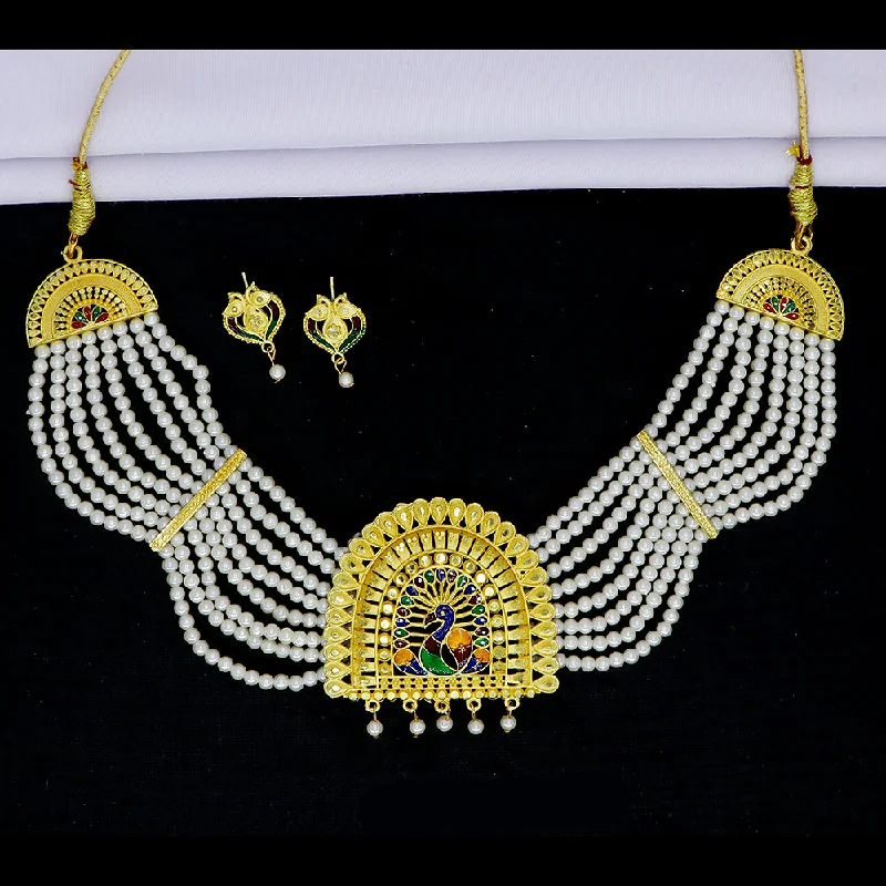 Long Dangle Necklace-Mahavir Gold Plated Pearls Meenakari Necklace Set