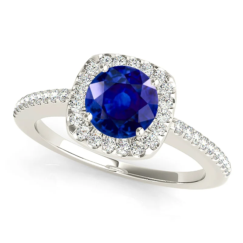 Wedding Ring Set with Diamonds-1.45 ct. Genuine Blue Sapphire Halo Ring with Side Diamonds