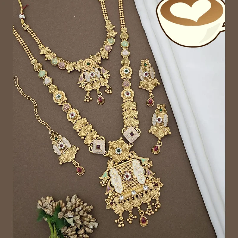 Colorful Gemstone Pendant Necklace-FS Collection Gold Plated Pota Stone And Meenakari Double Necklace Set