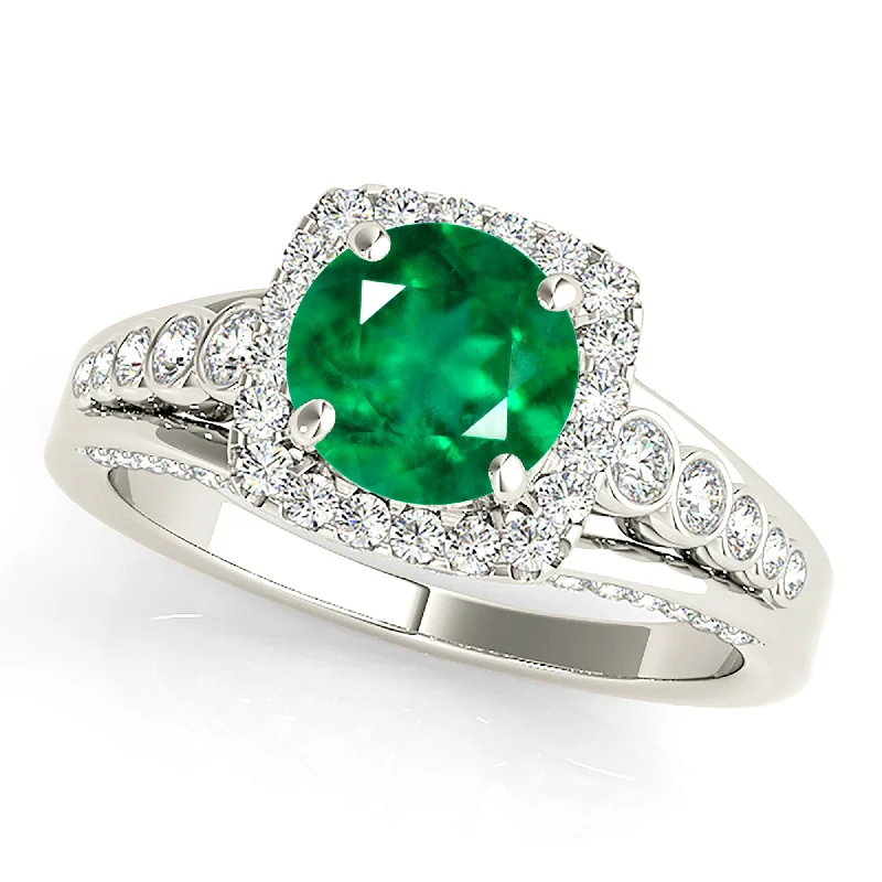 Custom Gold Wedding Ring-1.75 ct. Genuine Emerald Split Shank Halo Ring With Side Diamonds