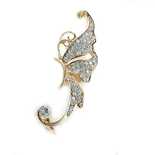 Large Hoop Earrings-SEXY SPARKLES Ear Cuff Clip On Stud Wrap Earrings For Left Ear Butterfly Gold Plated Clear Rhinestone 2 1/8"