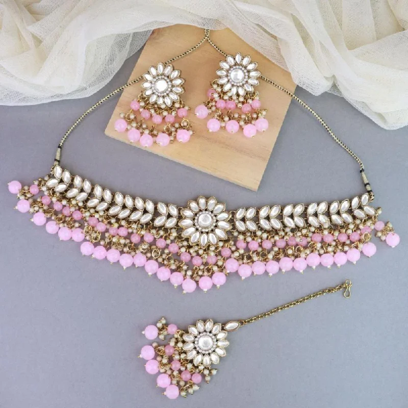 Classic Gold Pendant Necklace-Etnico 18K Gold Plated Traditional Kundan Studded Pink Pearl Hanging Choker Necklace Jewellery Set With Earrings & Maang Tikka For Women & Girls (K7232Pi)