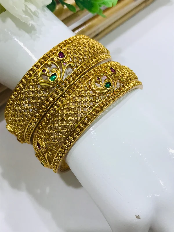 Crystal Bangles Set-Beautiful Matte Finished Antique Gold Bangle With Peacock Design