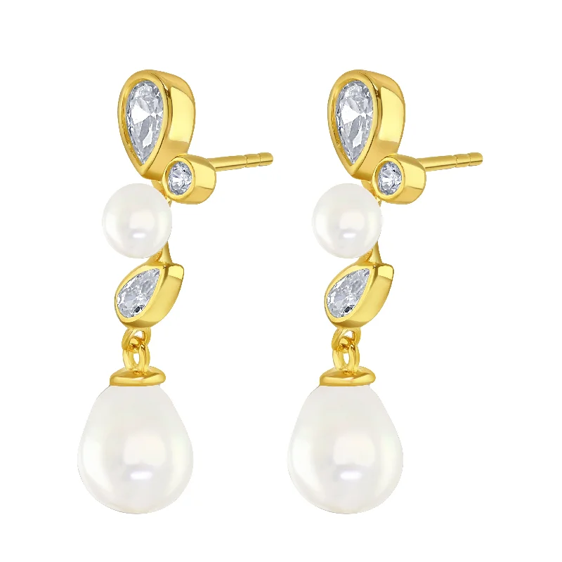 Large Silver Earrings-Gold Vermeil Pearl Cubic Zirconia Bezel Set Earrings