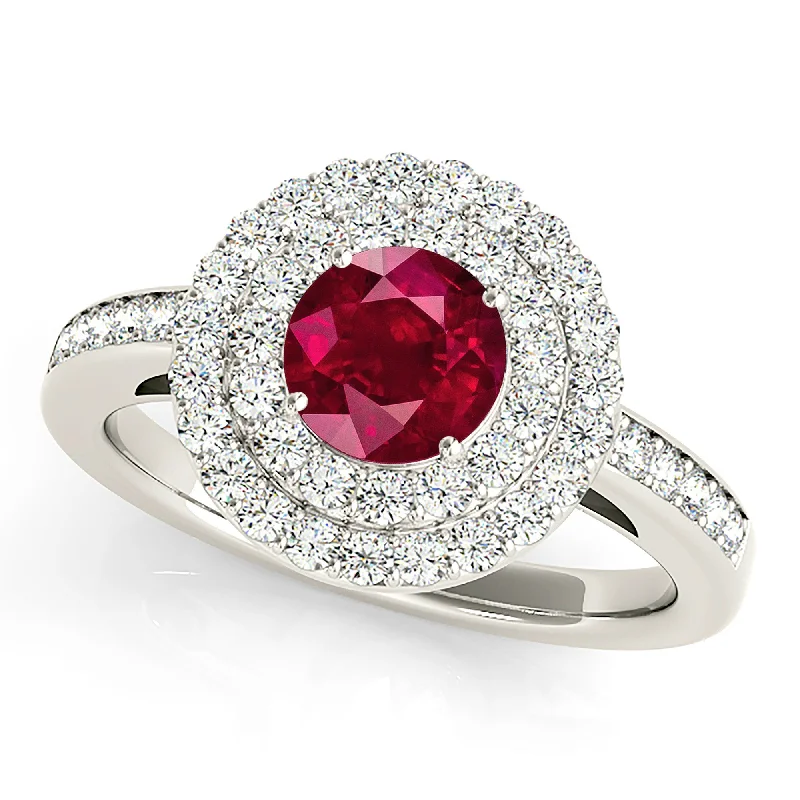 Custom Diamond Wedding Ring-1.35 ct. Genuine Ruby Ring With Double Row Halo And Delicate Diamond Band